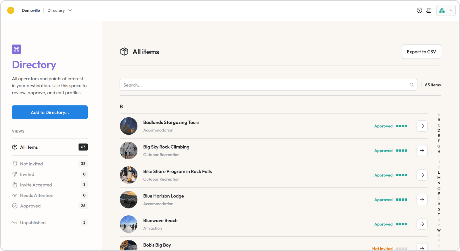 Whereabouts directory showing tourism business listings