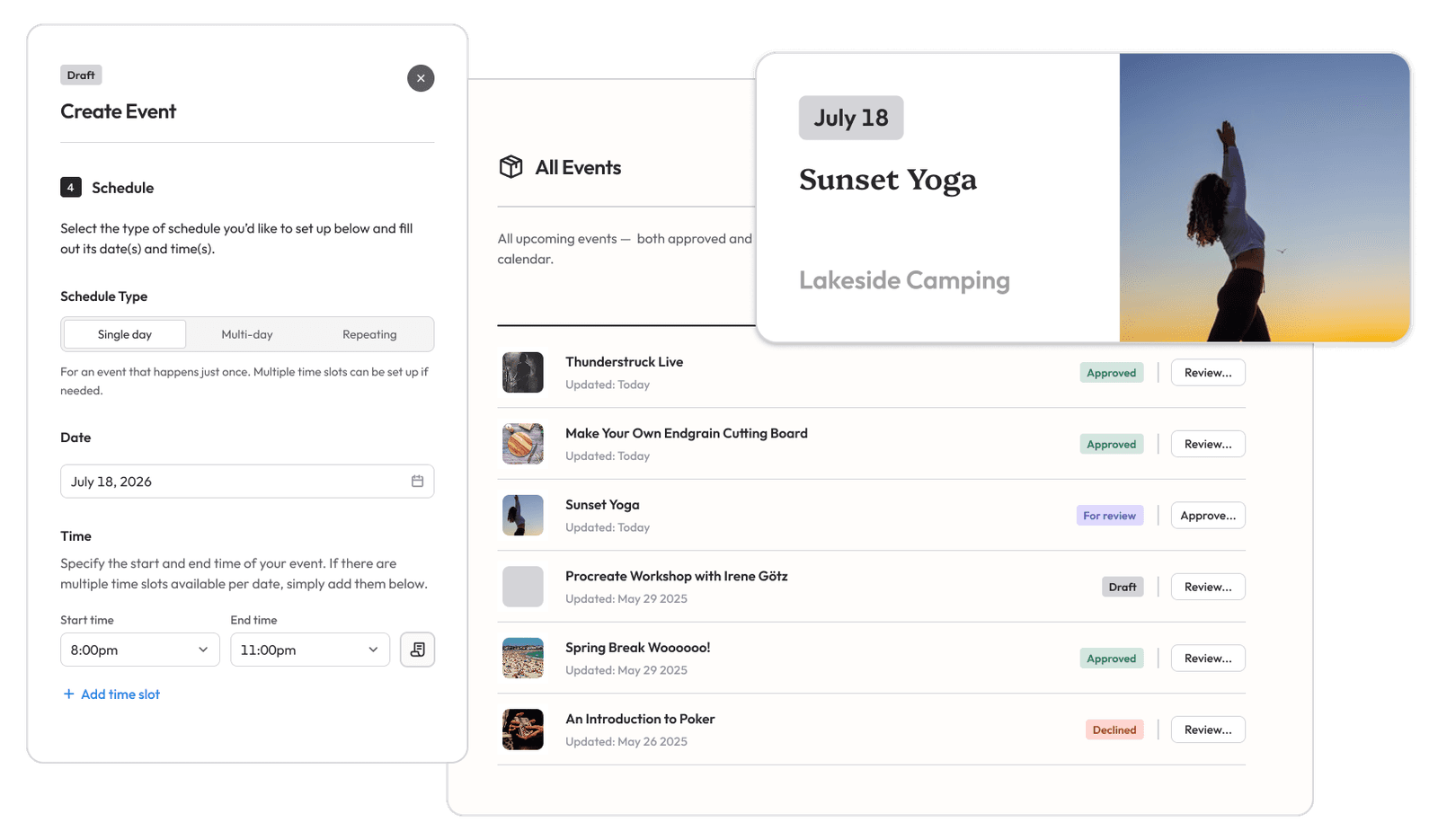 Whereabouts events calendar and event submission form