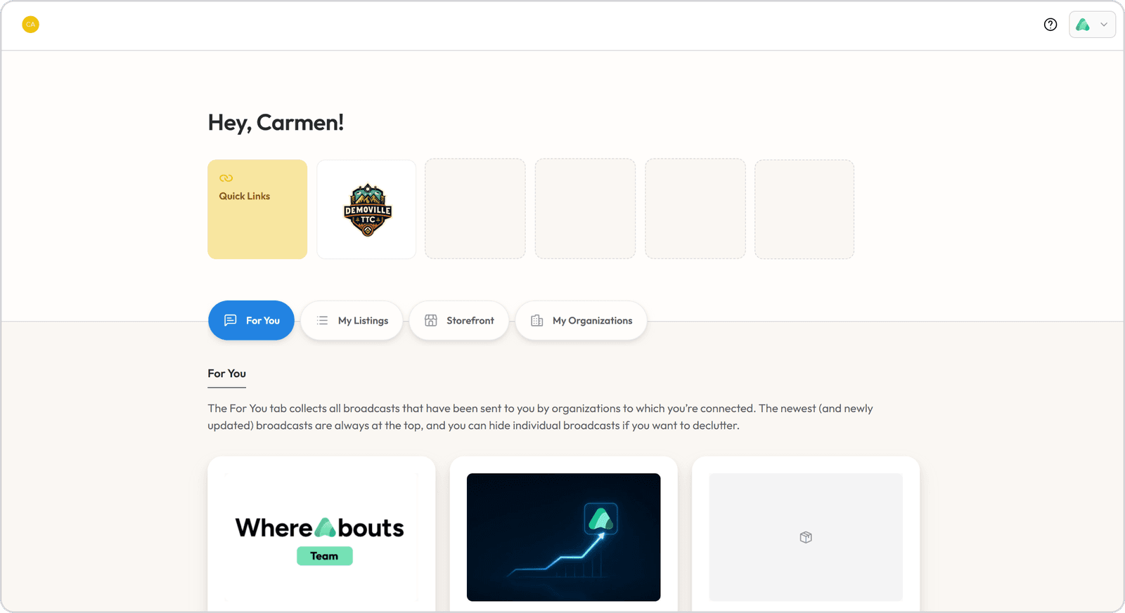 Whereabouts partner portal home screen